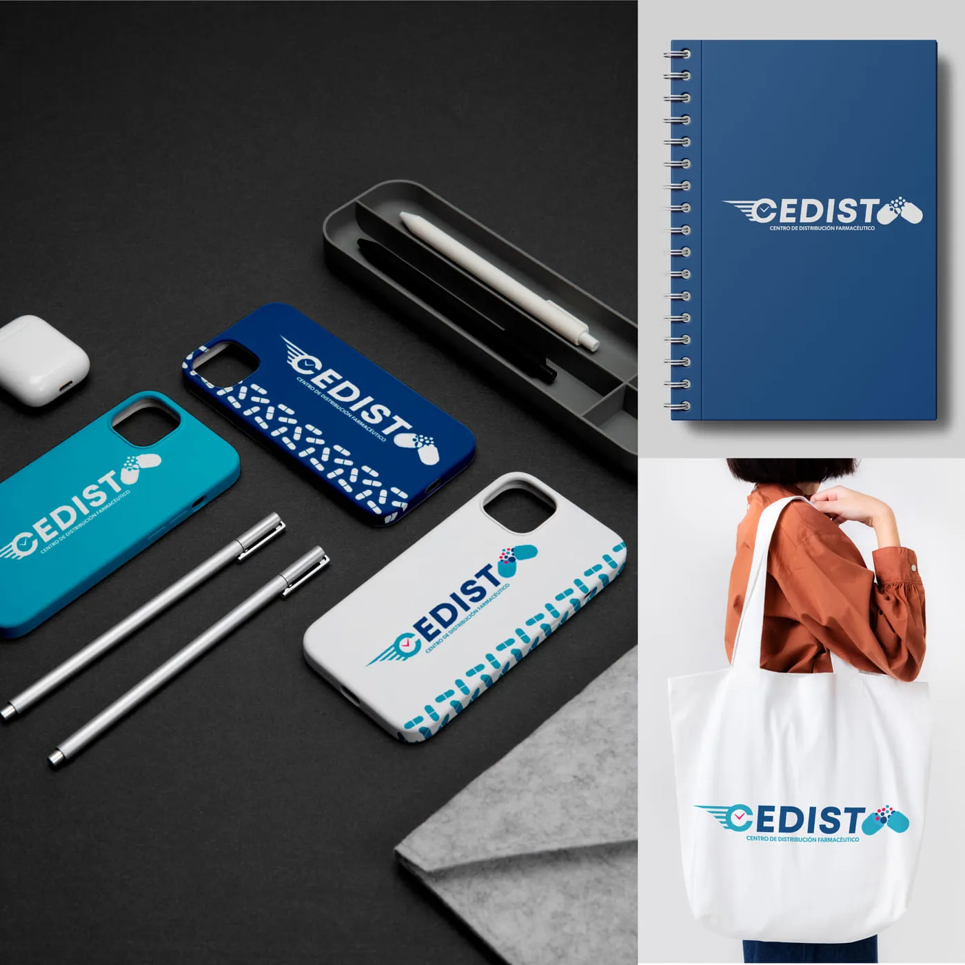 Papelería y artículos promocionales en azul del distribuidor farmacéutico Cedist