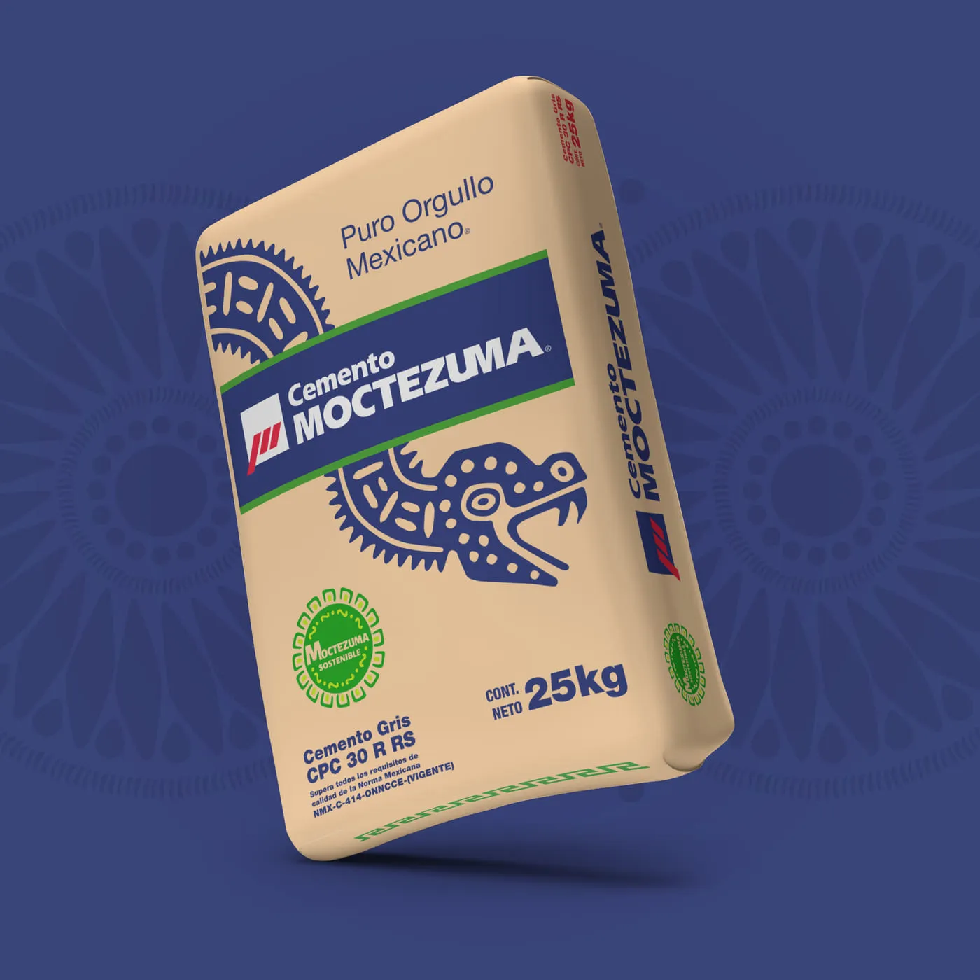 Saco de 25 kg de Cementos Moctezuma con gráficos de grecas mexicanas
