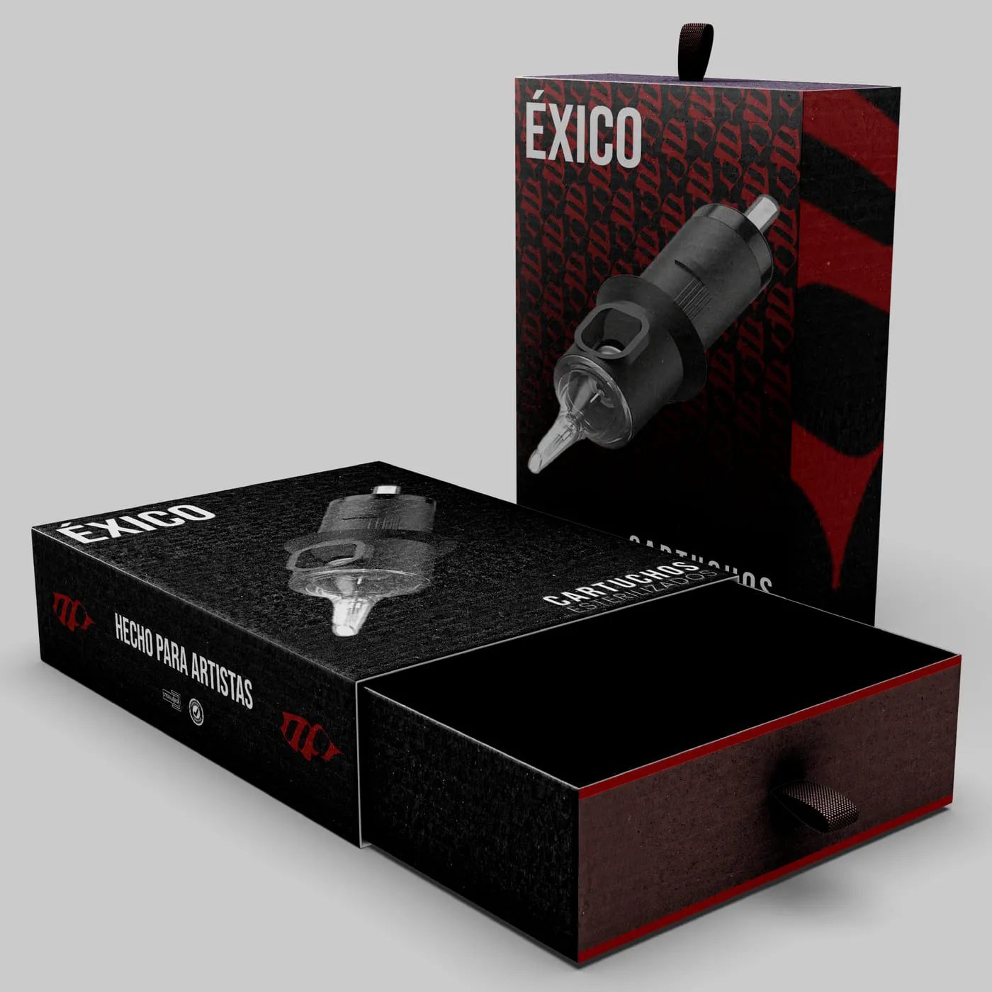 Caja negra y roja de cartuchos para máquina de tatuaje de la marca Éxico
