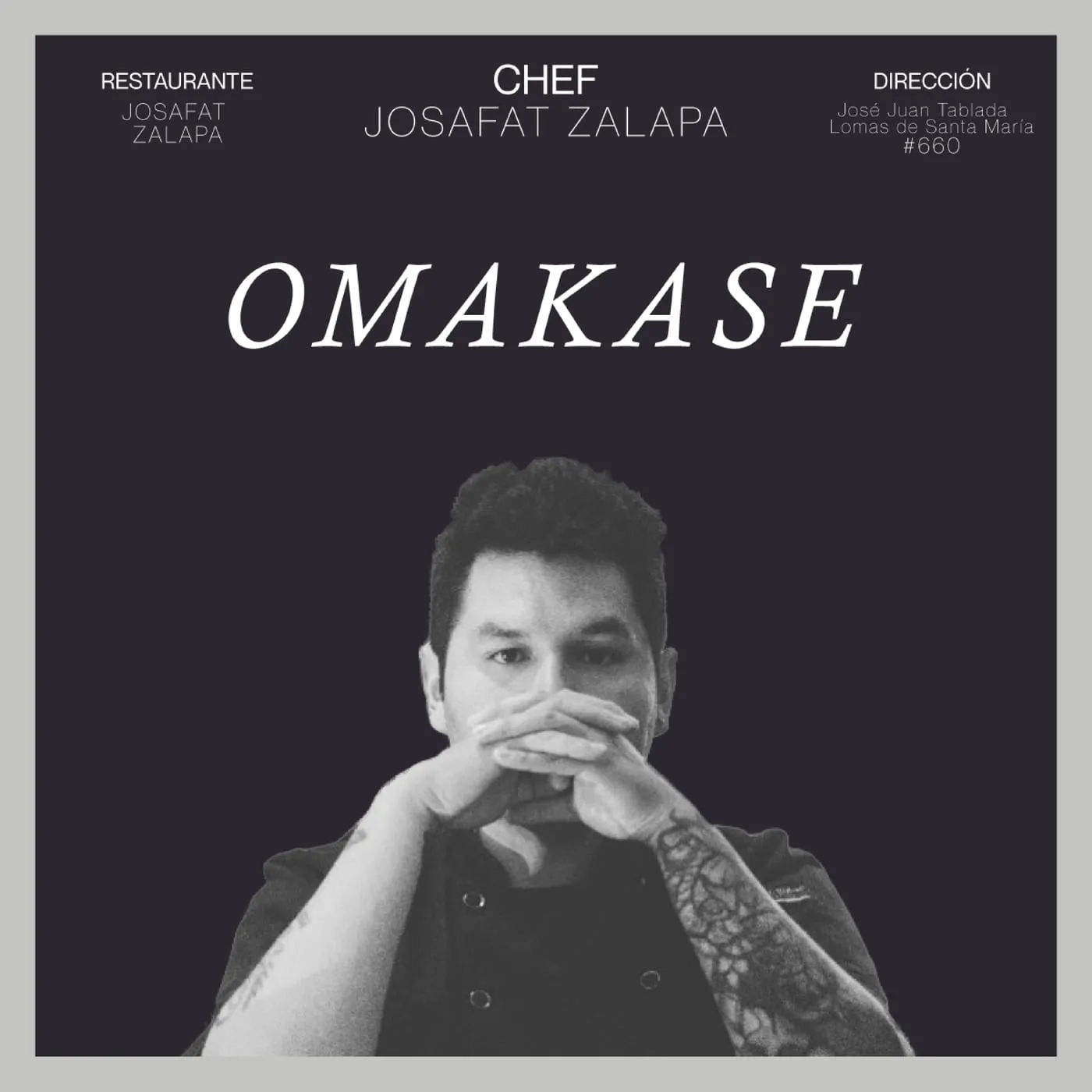 Cartel Omakase del restaurante Josafat Zalapa con el retrato del chef sobre fondo negro
