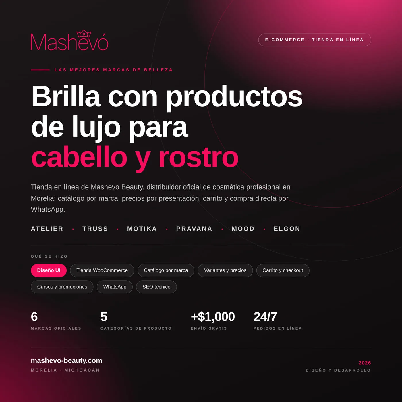 Cartel de la tienda en línea de Mashevo Beauty sobre fondo negro con degradado magenta, con el titular "Brilla con productos de lujo para cabello y rostro" y las marcas que distribuye