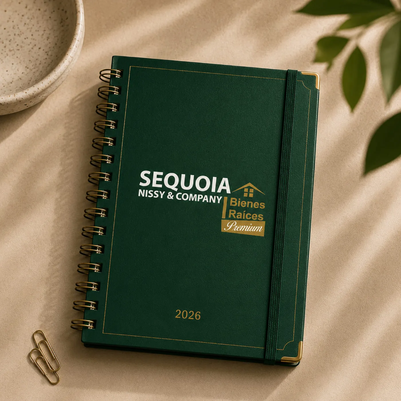 Agenda verde con el logotipo dorado de Sequoia Nissy & Company Bienes Raíces