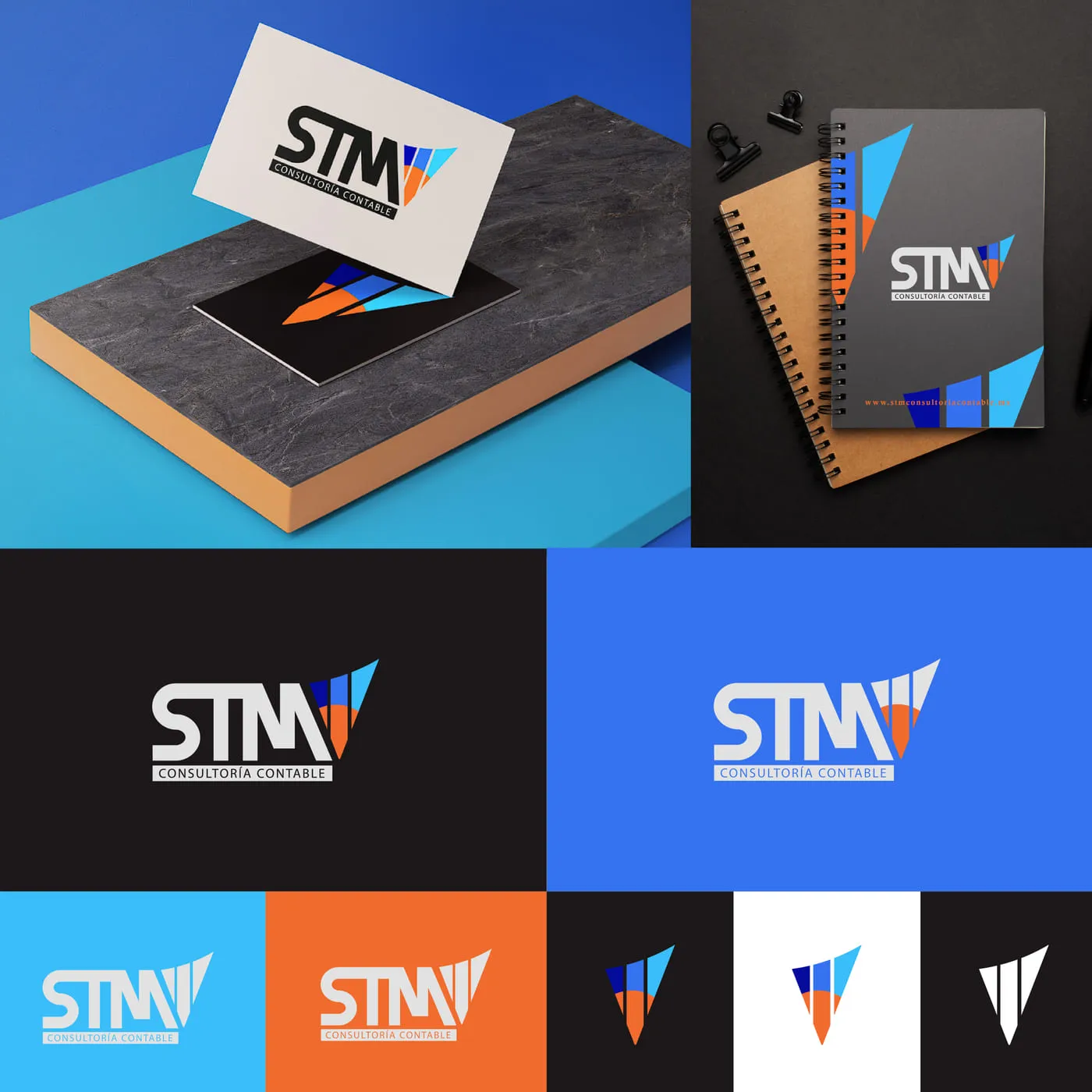 Papelería corporativa de STM Consultoría Contable y variantes de su logotipo